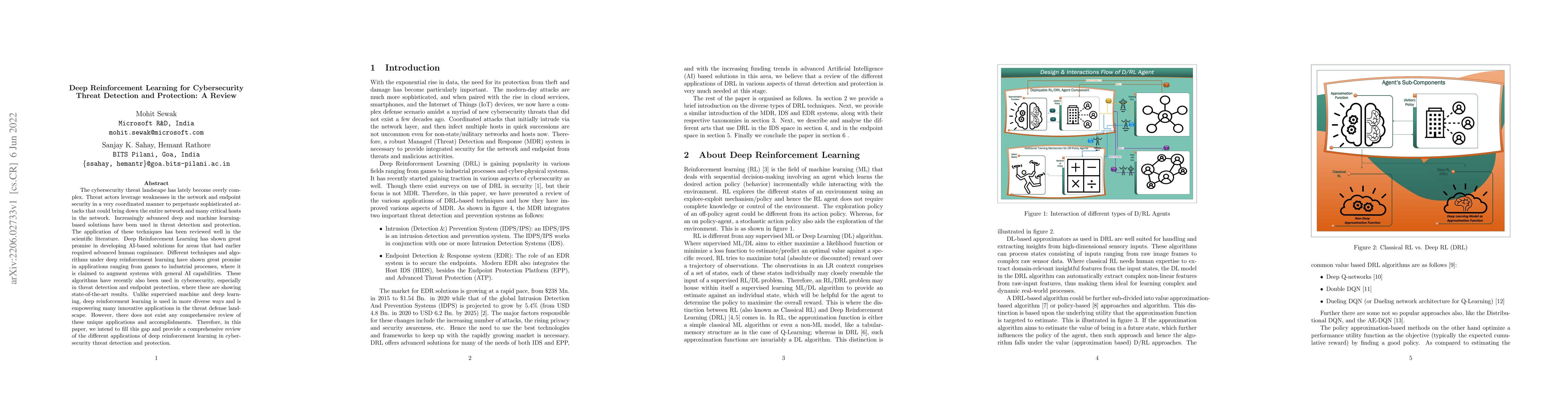 Thumbnail for Deep Reinforcement Learning for Cybersecurity Threat Detection and
  Protection: A Review