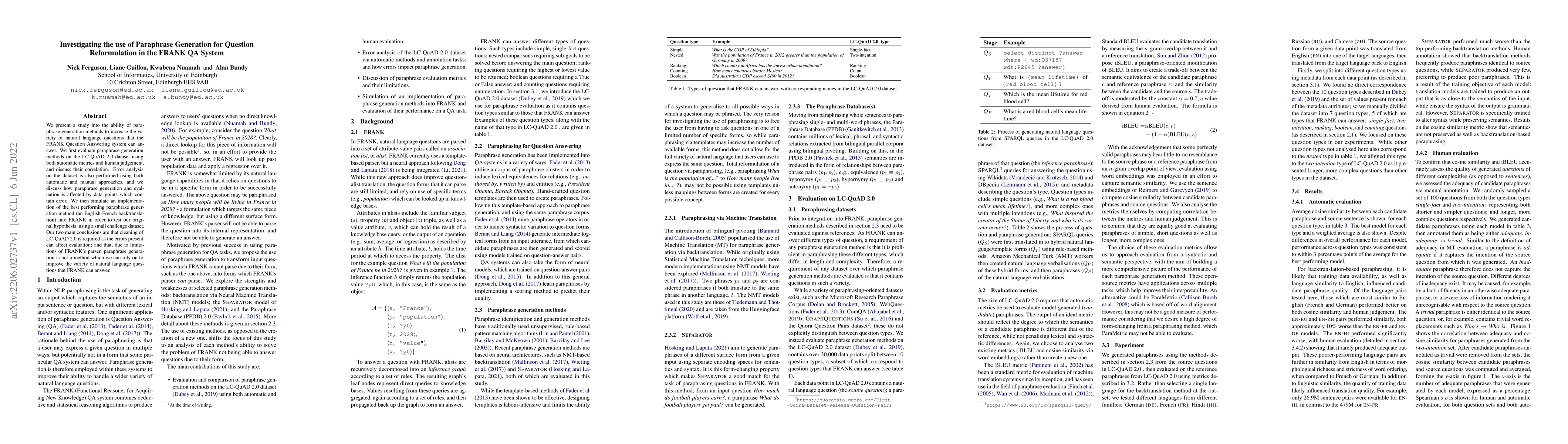 Thumbnail for Investigating the use of Paraphrase Generation for Question
  Reformulation in the FRANK QA system