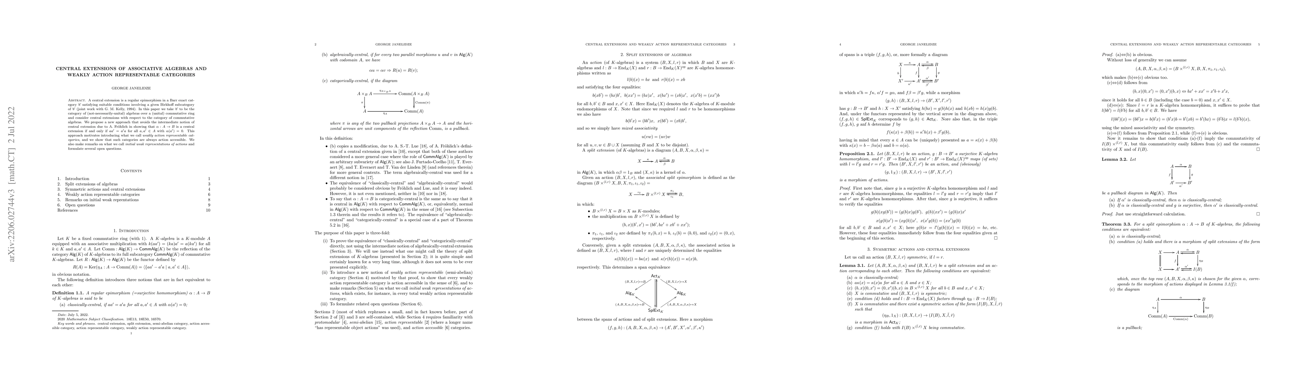 Thumbnail for Central extensions of associative algebras and weakly action
  representable categories