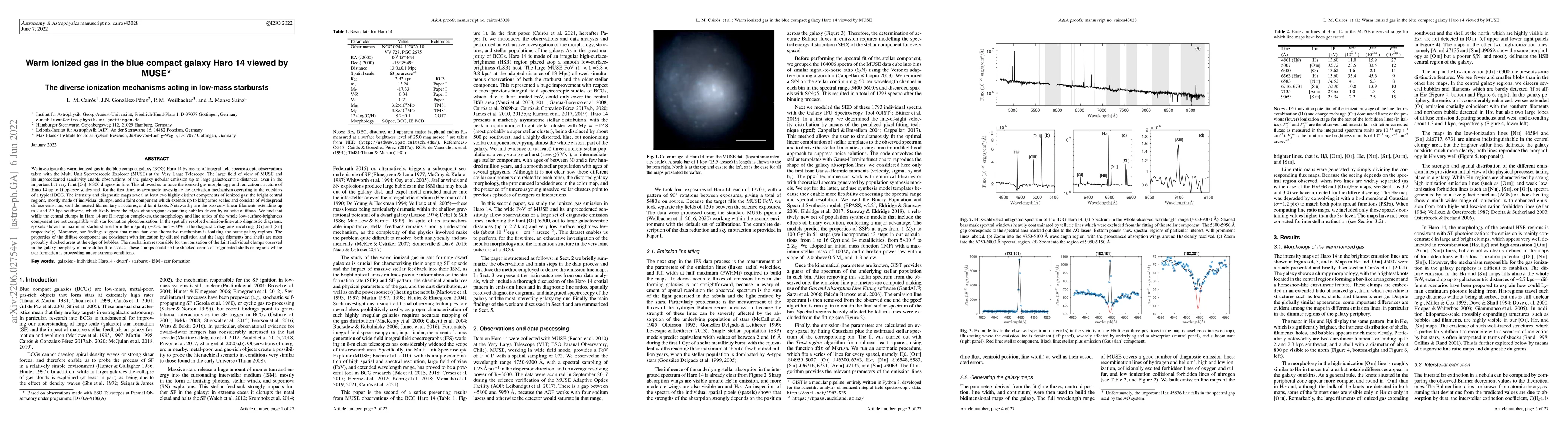 Thumbnail for Warm ionized gas in the blue compact galaxy Haro 14 viewed by MUSE. The
  diverse ionization mechanisms acting in low-mass starbursts