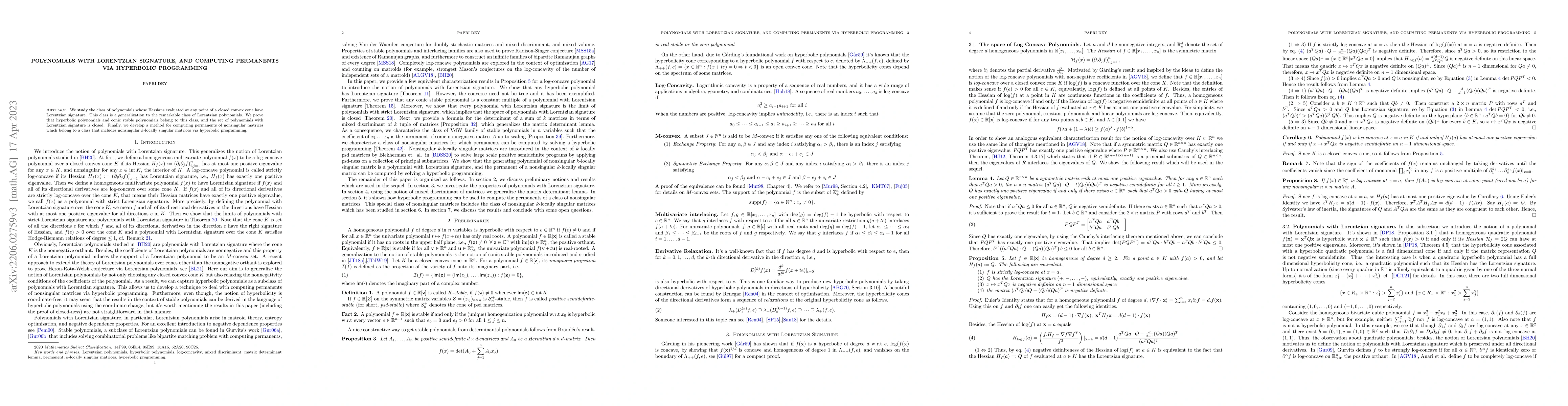 Thumbnail for Polynomials with Lorentzian Signature, and Computing Permanents via
  Hyperbolic Programming