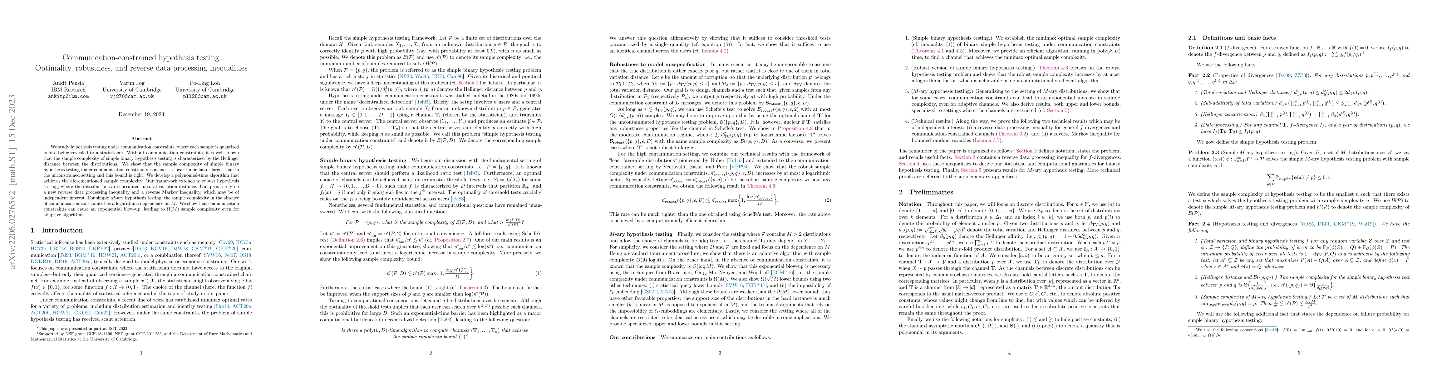 Thumbnail for Communication-constrained hypothesis testing: Optimality, robustness,
  and reverse data processing inequalities