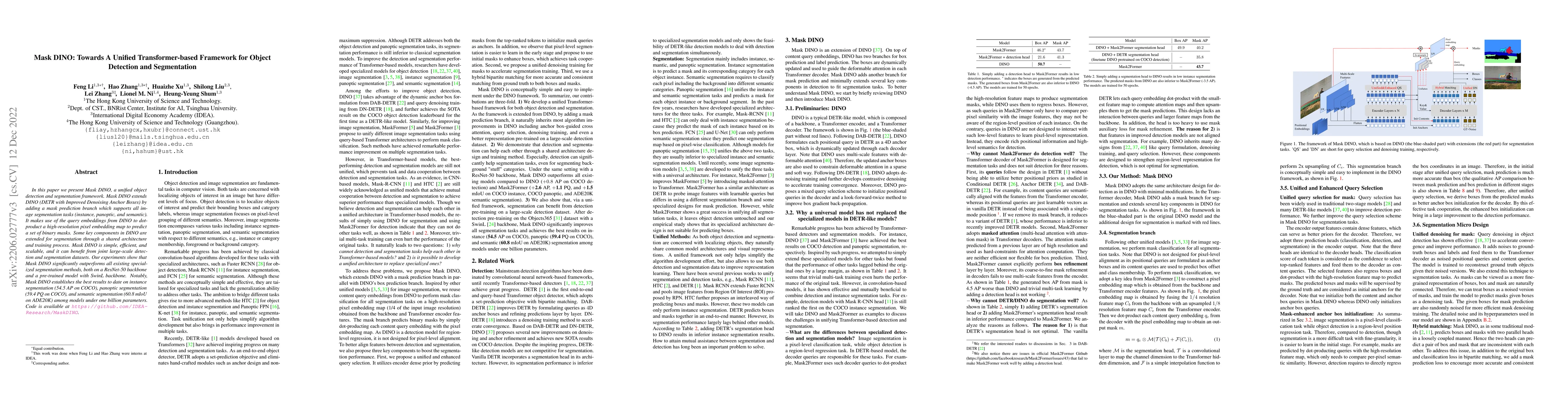 Thumbnail for Mask DINO: Towards A Unified Transformer-based Framework for Object
  Detection and Segmentation