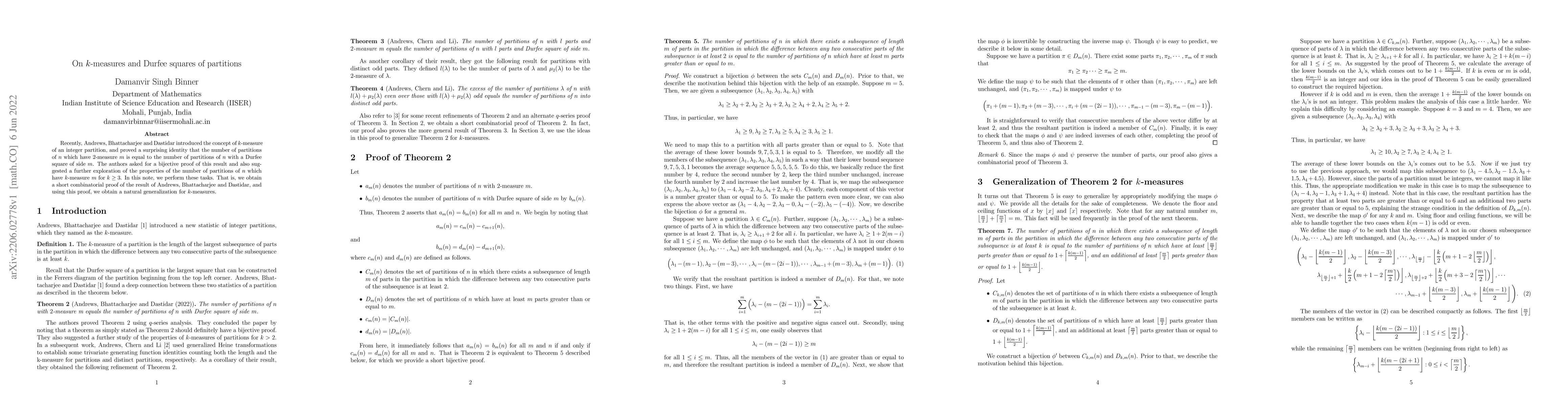 Thumbnail for On $k$-measures and Durfee squares of partitions