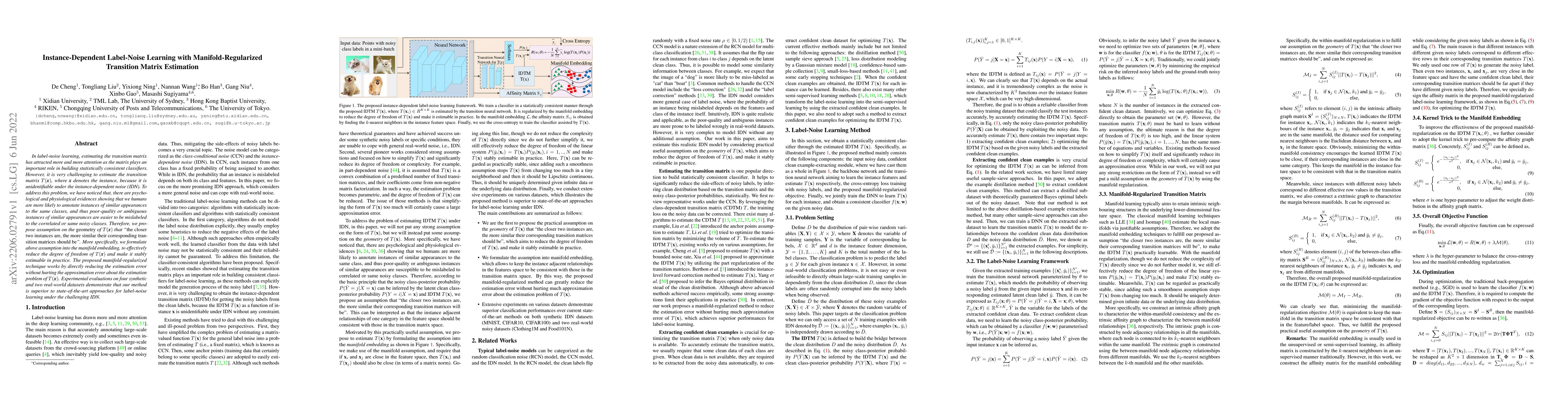 Thumbnail for Instance-Dependent Label-Noise Learning with Manifold-Regularized
  Transition Matrix Estimation