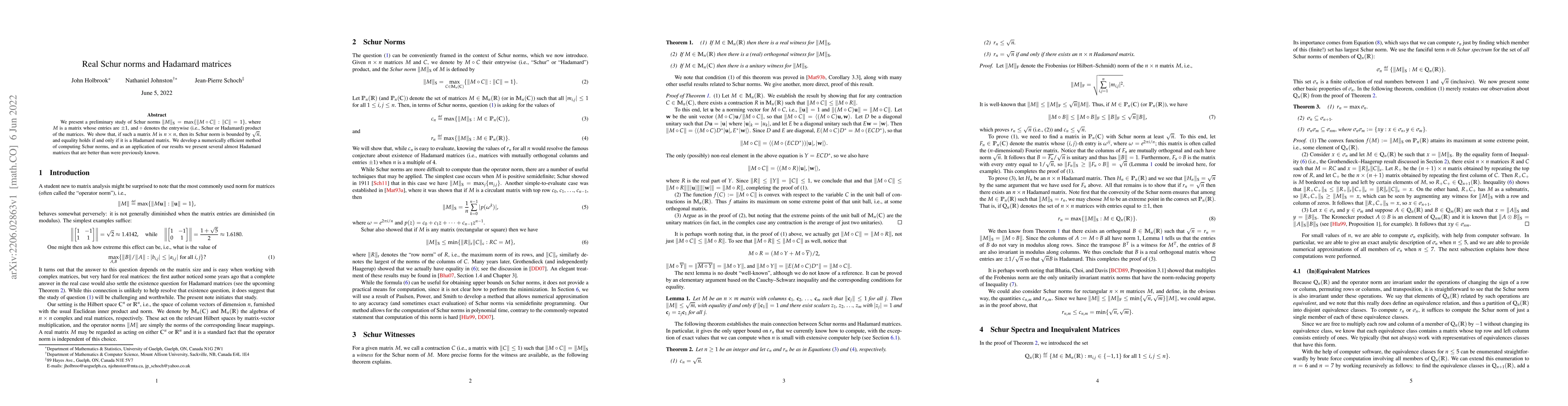 Thumbnail for Real Schur norms and Hadamard matrices