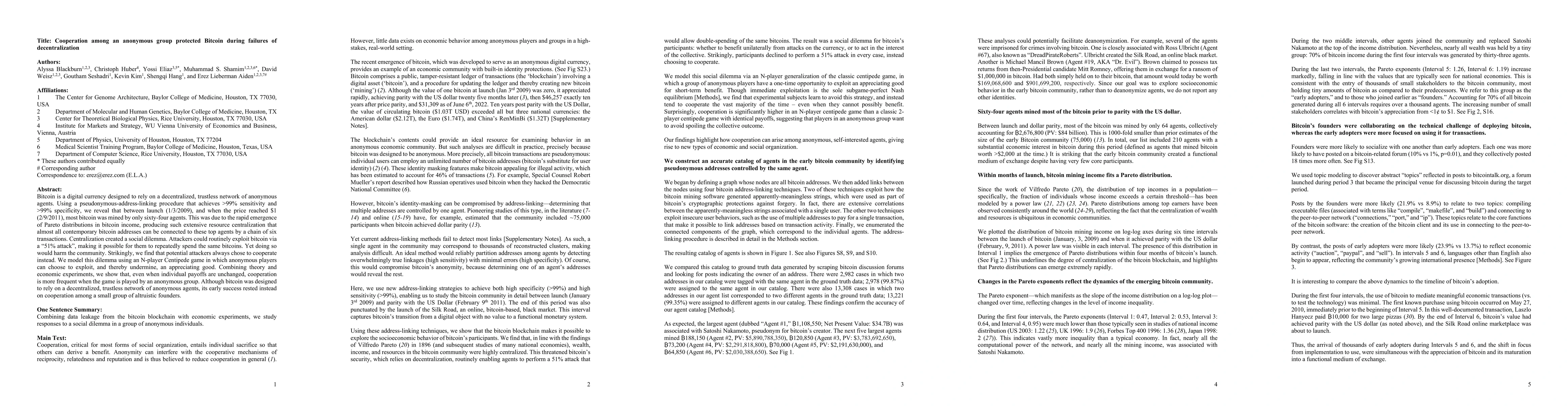 Thumbnail for Cooperation among an anonymous group protected Bitcoin during failures
  of decentralization