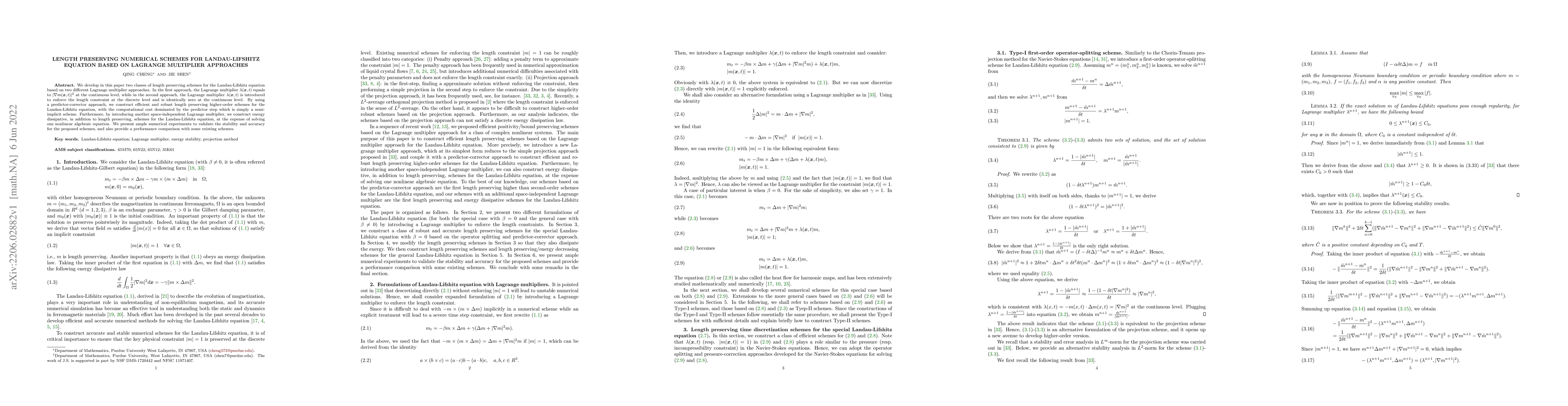 Thumbnail for Length preserving numerical schemes for Landau-Lifshitz equation based
  on Lagrange multiplier approaches
