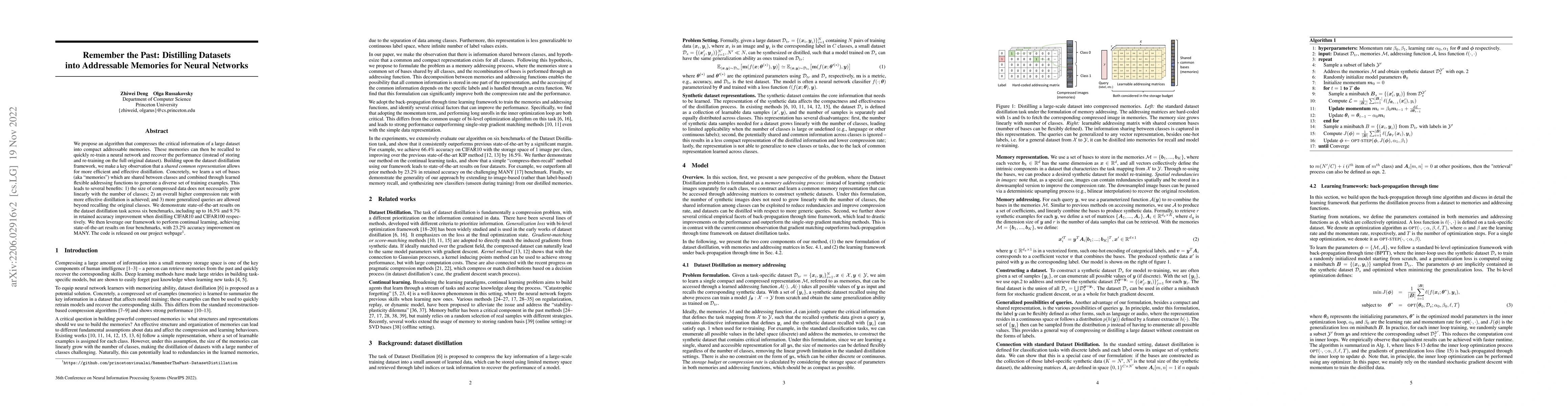Thumbnail for Remember the Past: Distilling Datasets into Addressable Memories for
  Neural Networks
