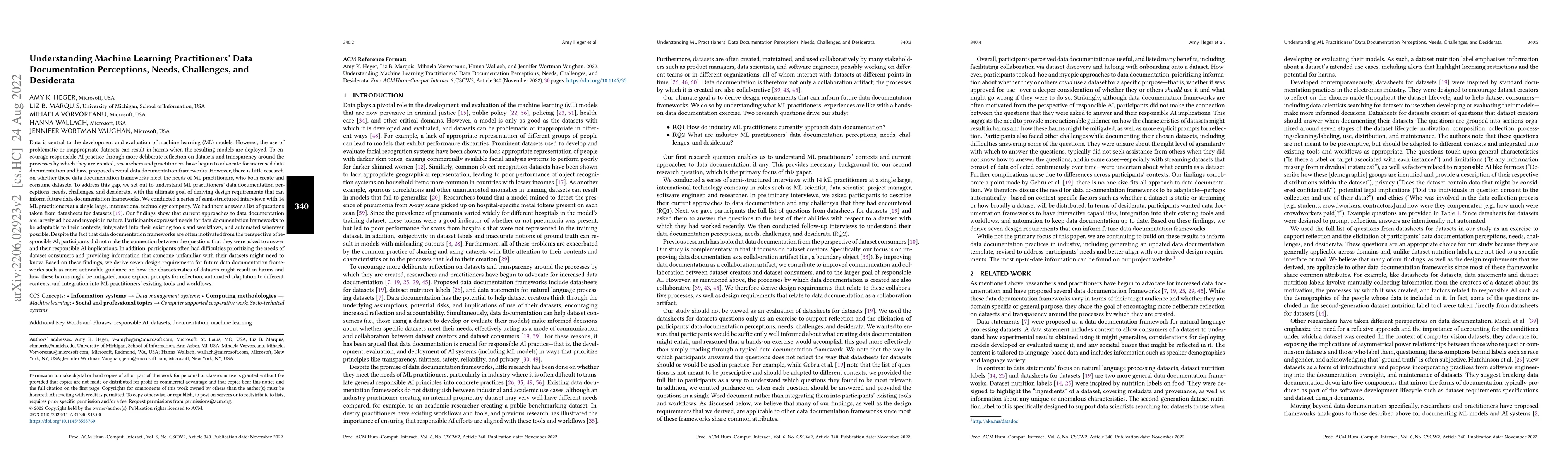 Thumbnail for Understanding Machine Learning Practitioners' Data Documentation
  Perceptions, Needs, Challenges, and Desiderata