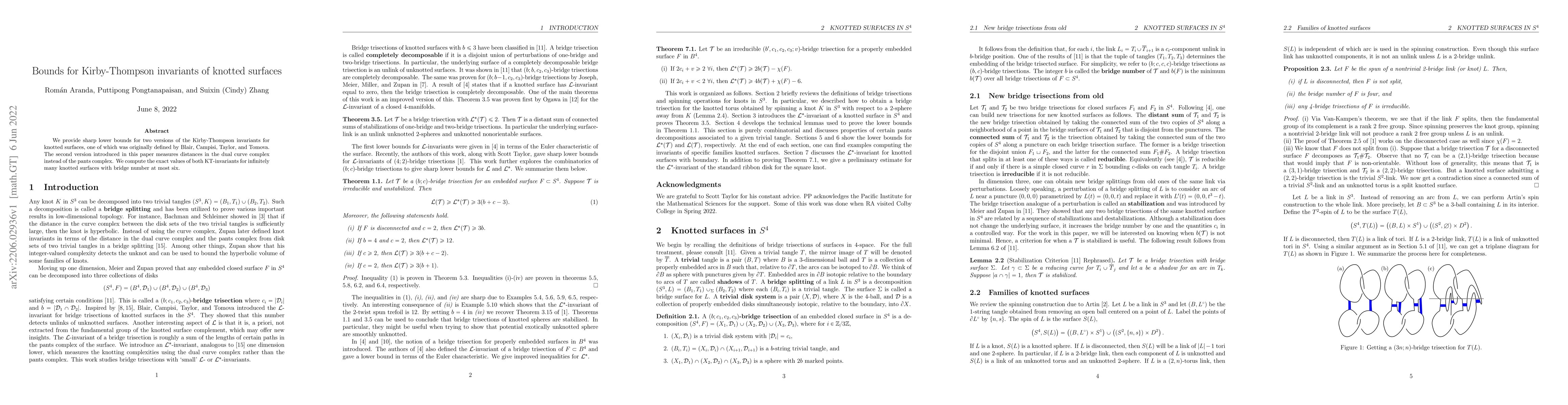 Thumbnail for Bounds for Kirby-Thompson invariants of knotted surfaces