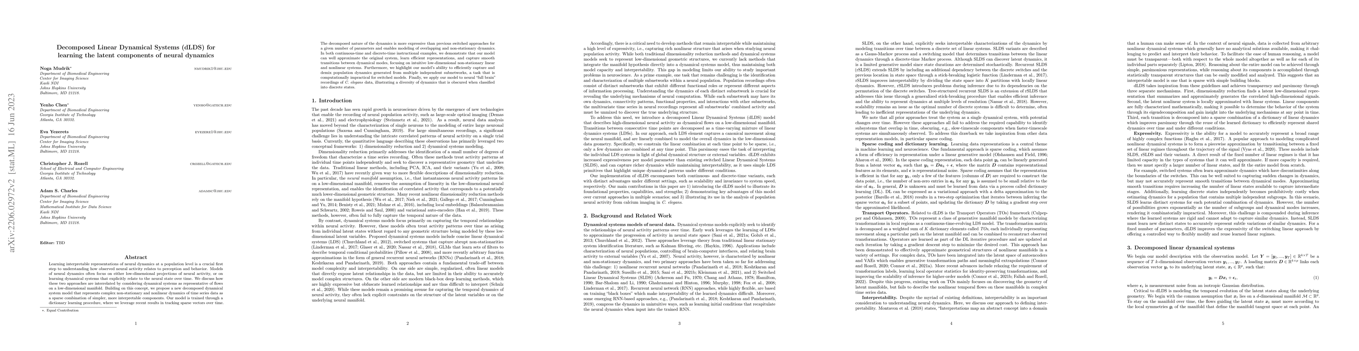 Thumbnail for Decomposed Linear Dynamical Systems (dLDS) for learning the latent
  components of neural dynamics