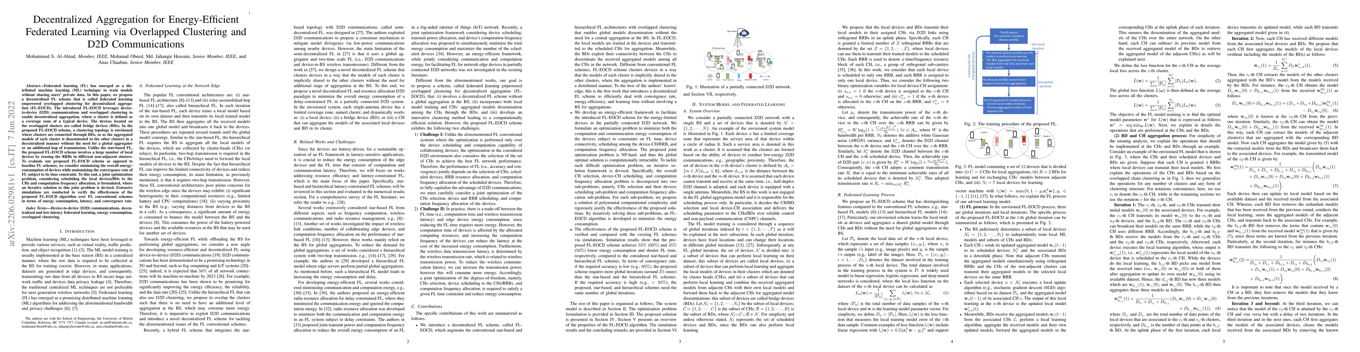 Thumbnail for Decentralized Aggregation for Energy-Efficient Federated Learning via
  Overlapped Clustering and D2D Communications