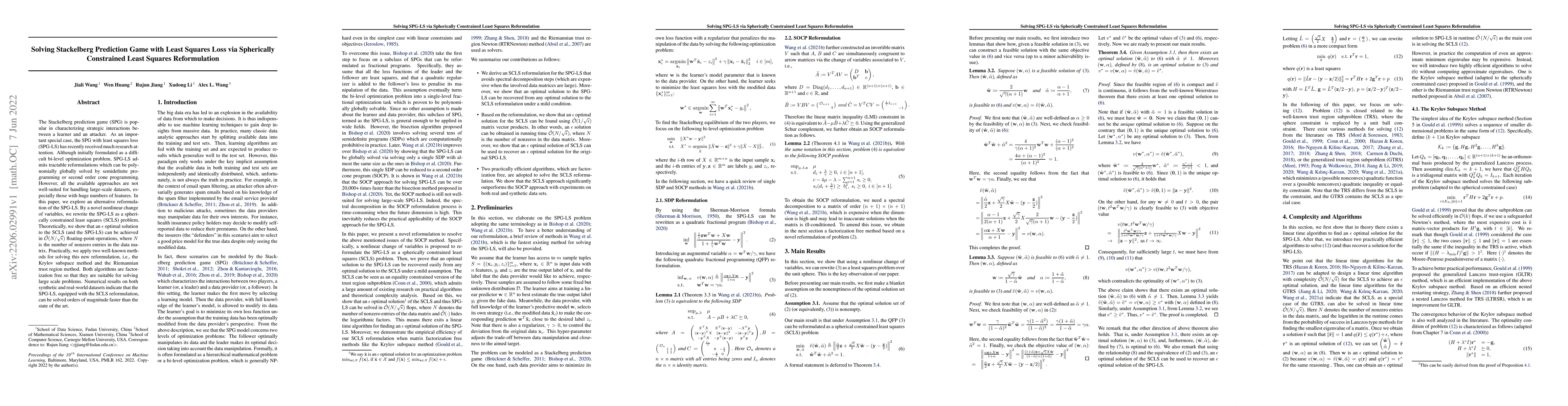 Thumbnail for Solving Stackelberg Prediction Game with Least Squares Loss via
  Spherically Constrained Least Squares Reformulation