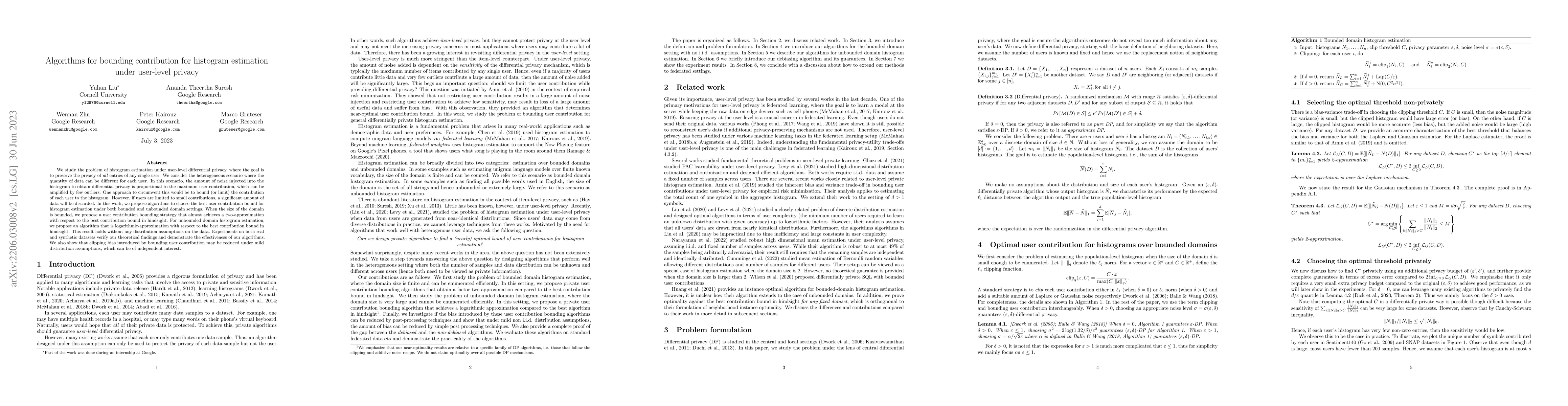 Thumbnail for Algorithms for bounding contribution for histogram estimation under
  user-level privacy