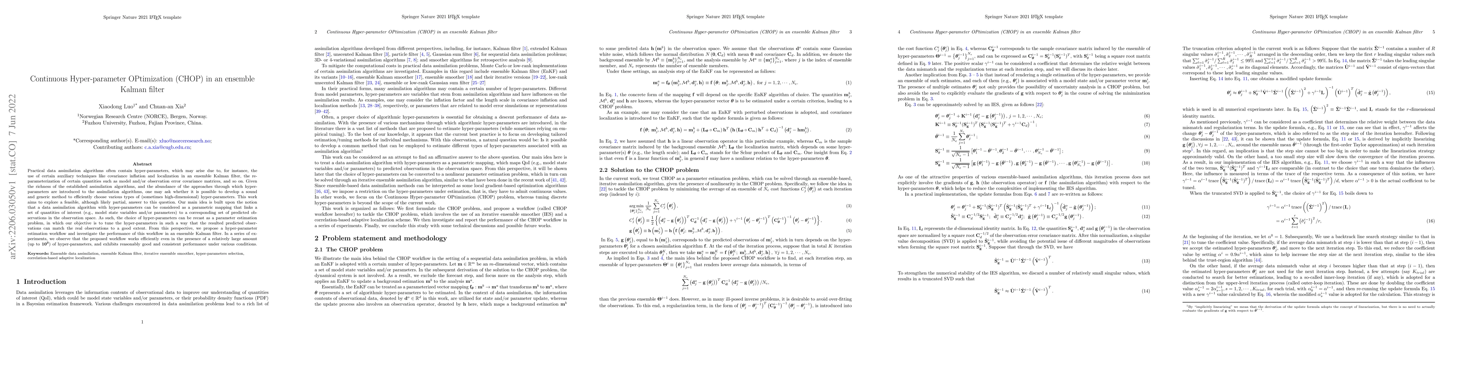 Thumbnail for Continuous Hyper-parameter OPtimization (CHOP) in an ensemble Kalman
  filter