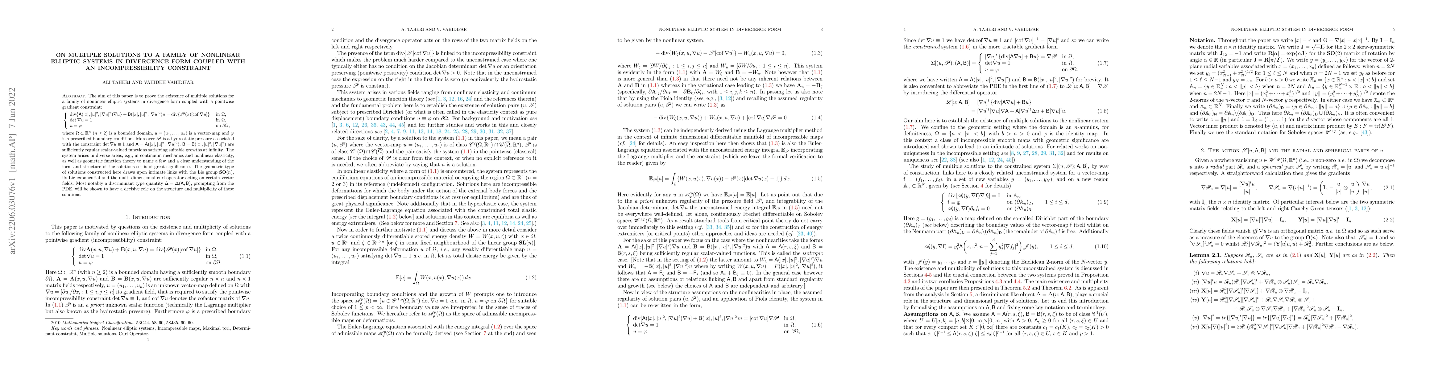 Thumbnail for On Multiple Solutions to a Family of Nonlinear Elliptic Systems in
  Divergence Form Coupled with an Incompressibility Constraint