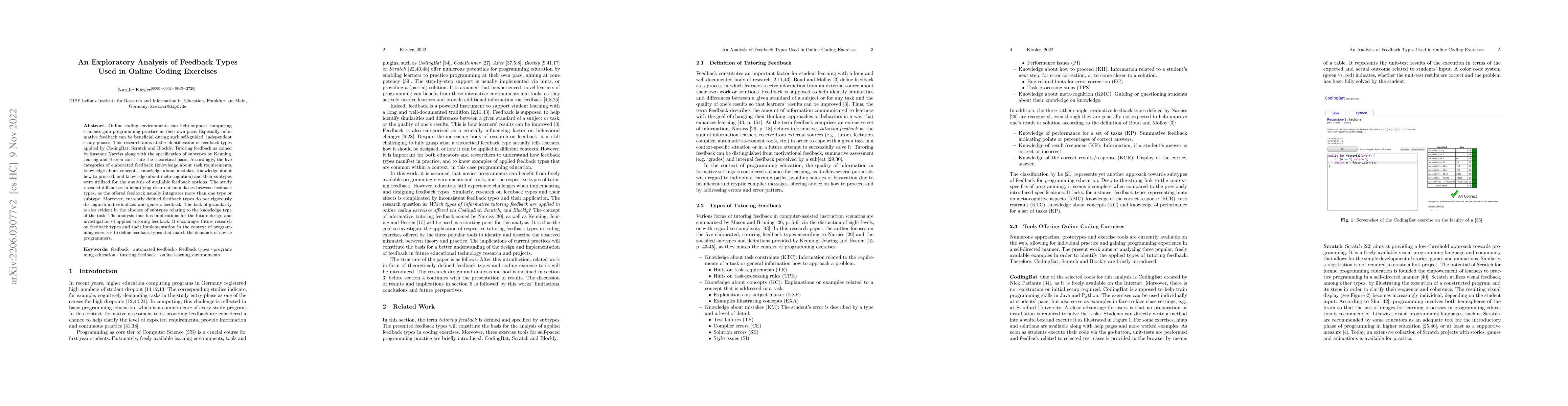 Thumbnail for An Exploratory Analysis of Feedback Types Used in Online Coding
  Exercises