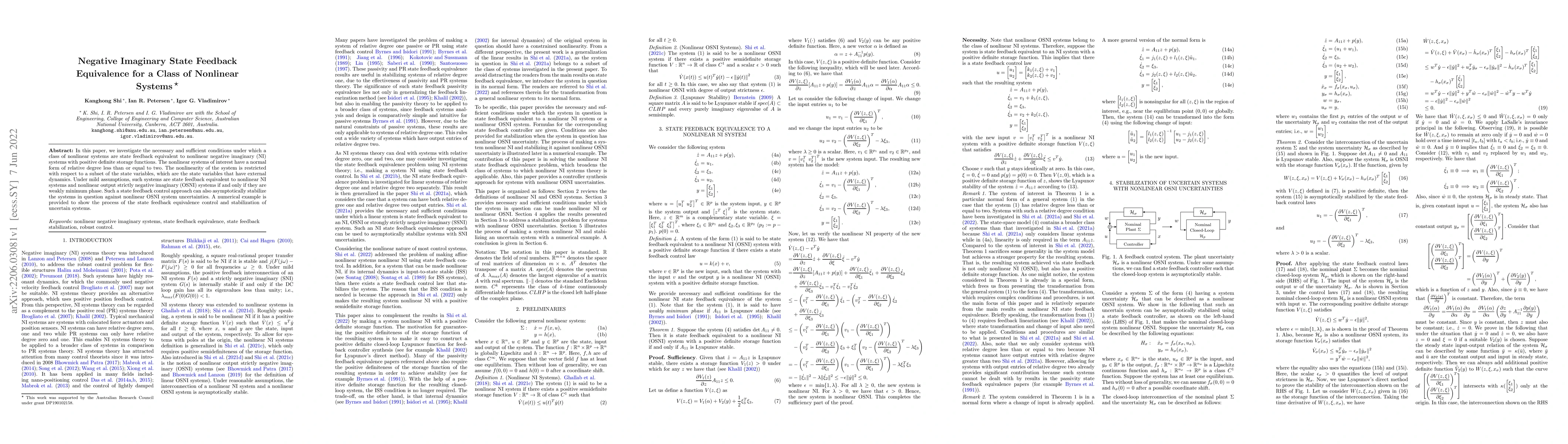 Thumbnail for Negative Imaginary State Feedback Equivalence for a Class of Nonlinear
  Systems