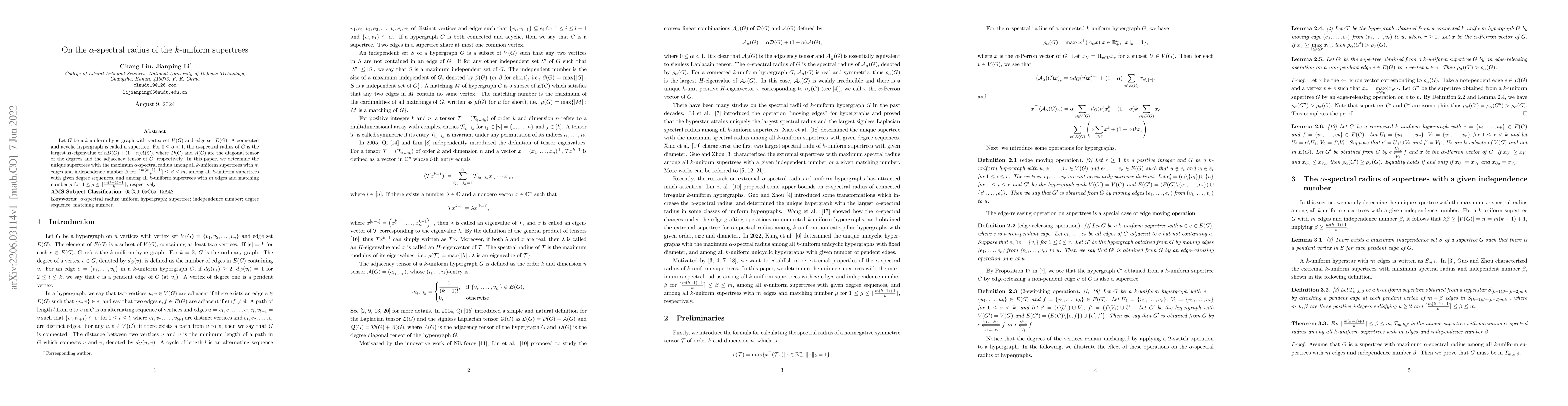 Thumbnail for On the $\alpha$-spectral radius of the $k$-uniform supertrees