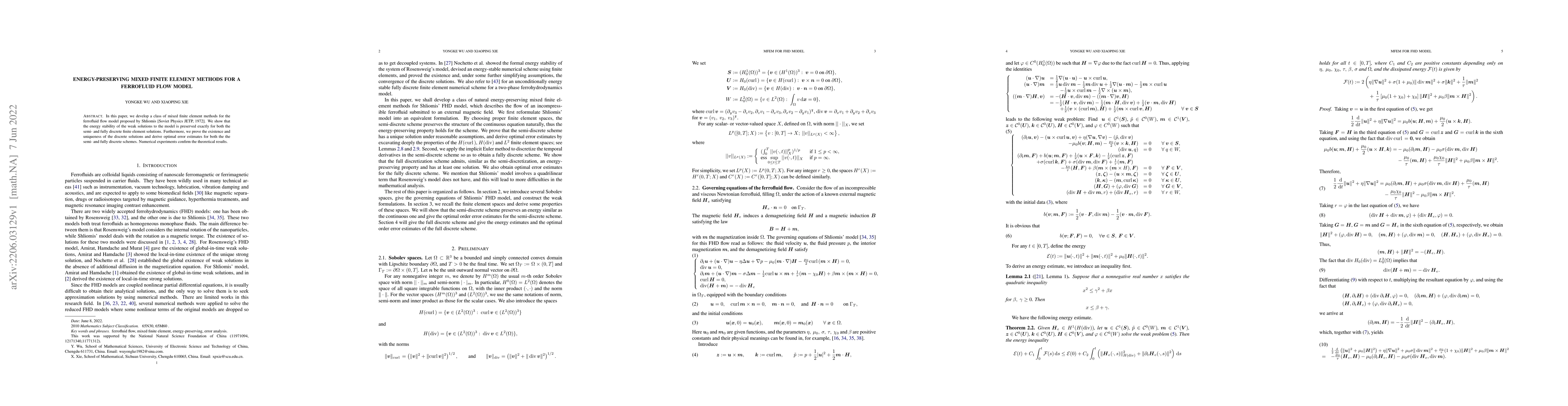 Thumbnail for Energy-preserving Mixed finite element methods for a ferrofluid flow
  model