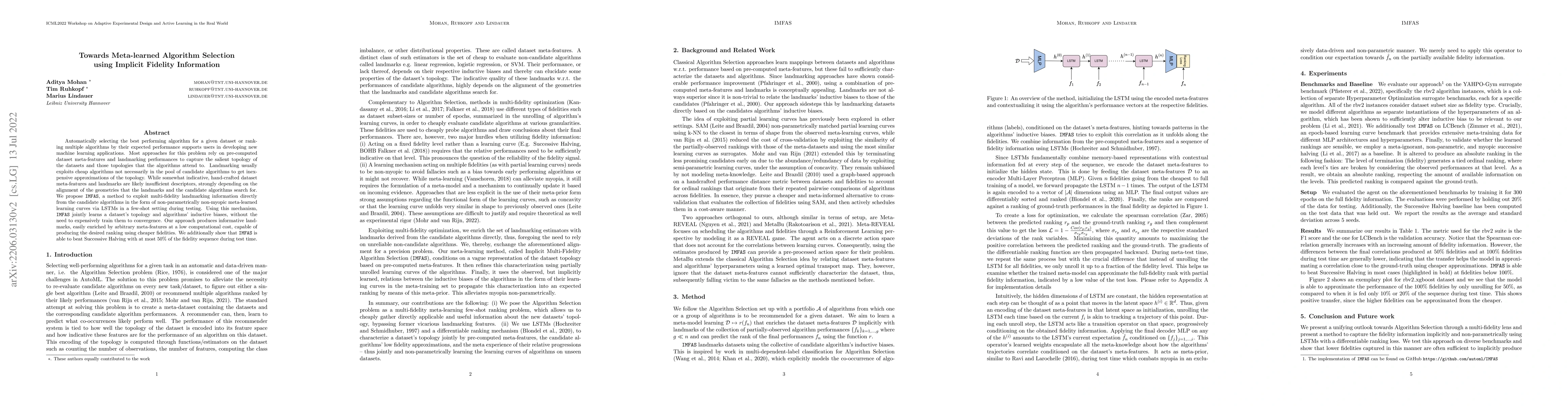 Thumbnail for Towards Meta-learned Algorithm Selection using Implicit Fidelity
  Information