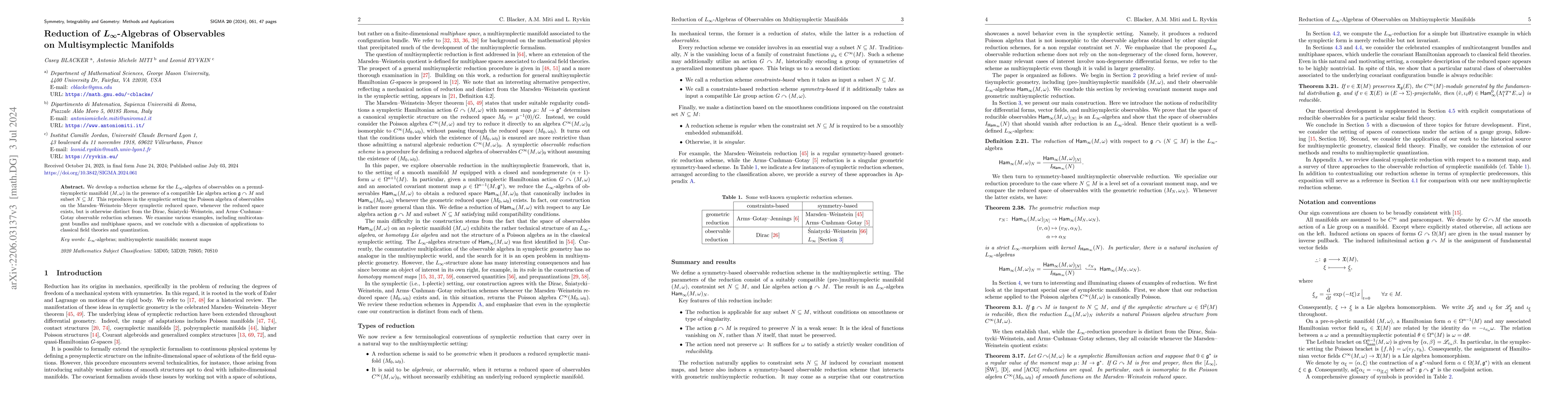 Thumbnail for Reduction of $L_\infty$-Algebras of Observables on Multisymplectic
  Manifolds