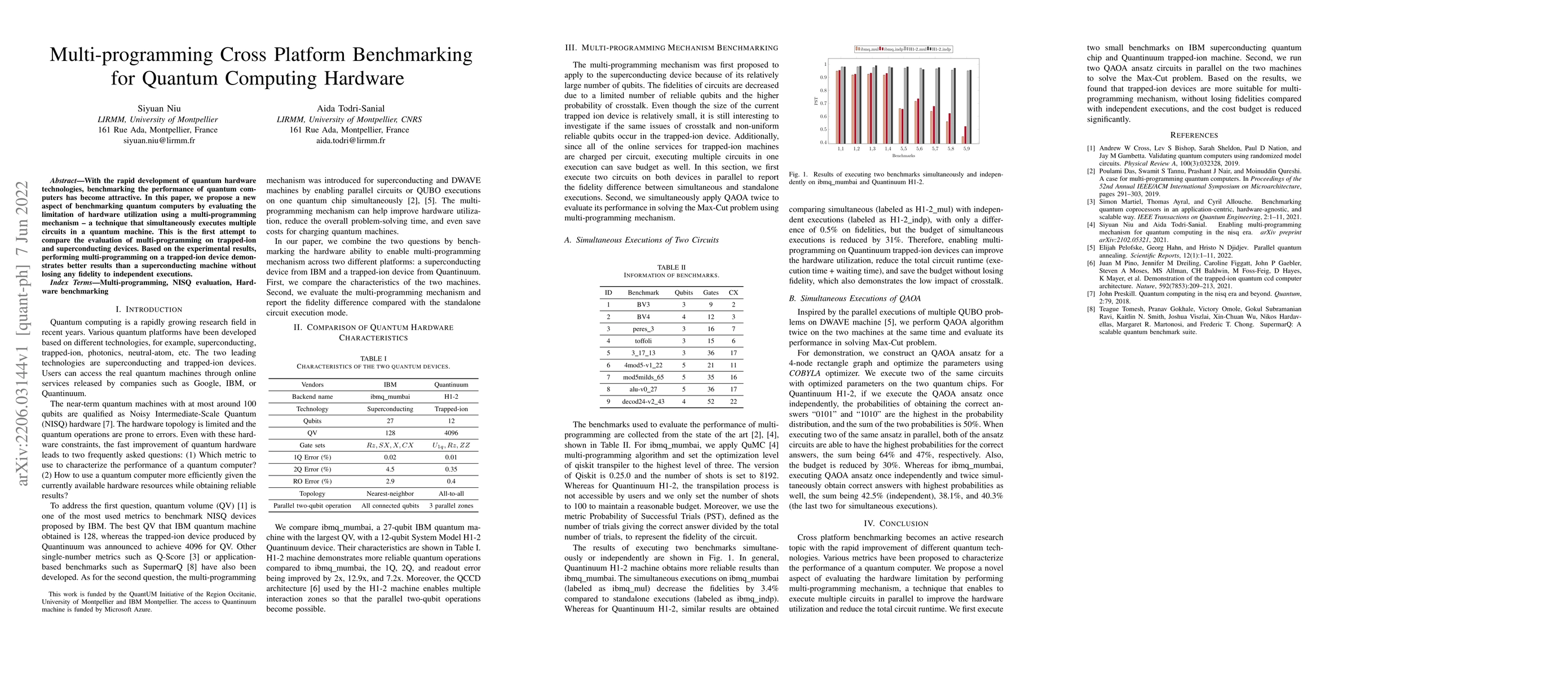 Thumbnail for Multi-programming Cross Platform Benchmarking for Quantum Computing
  Hardware