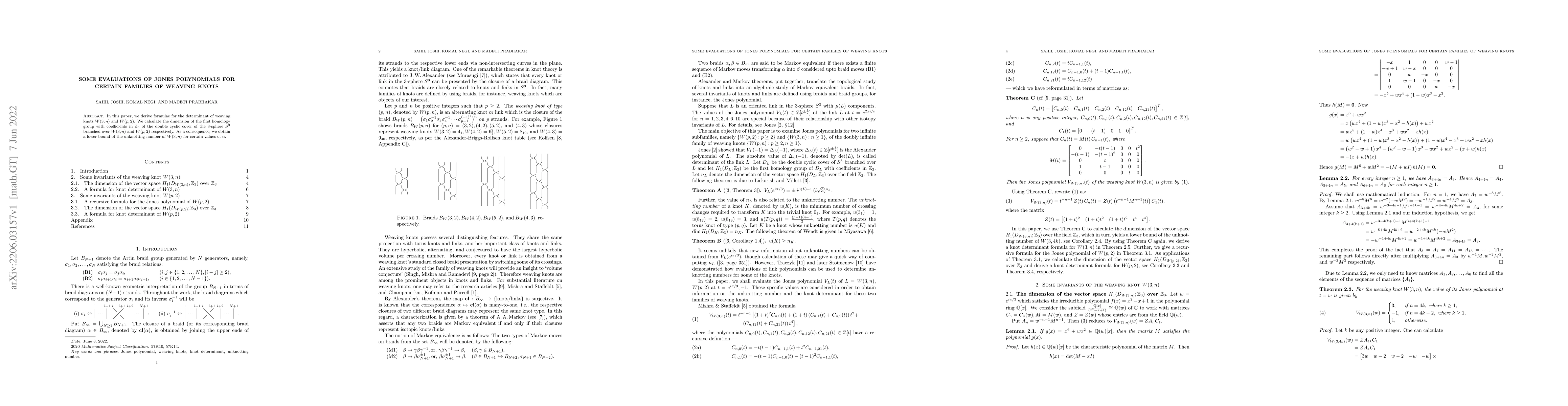 Thumbnail for Some evaluations of Jones polynomials for certain families of weaving
  knots