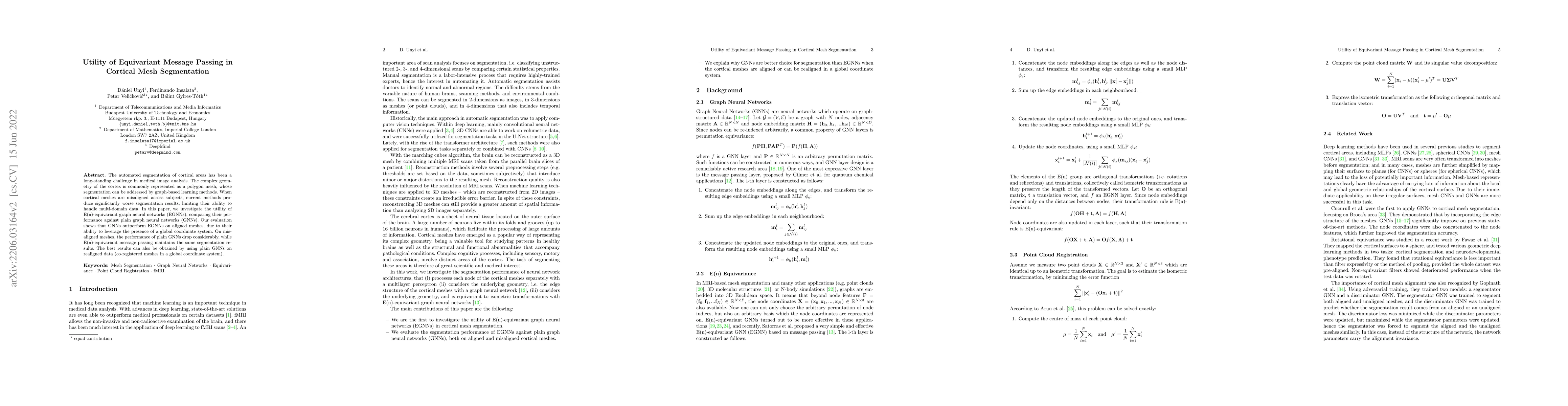 Thumbnail for Utility of Equivariant Message Passing in Cortical Mesh Segmentation