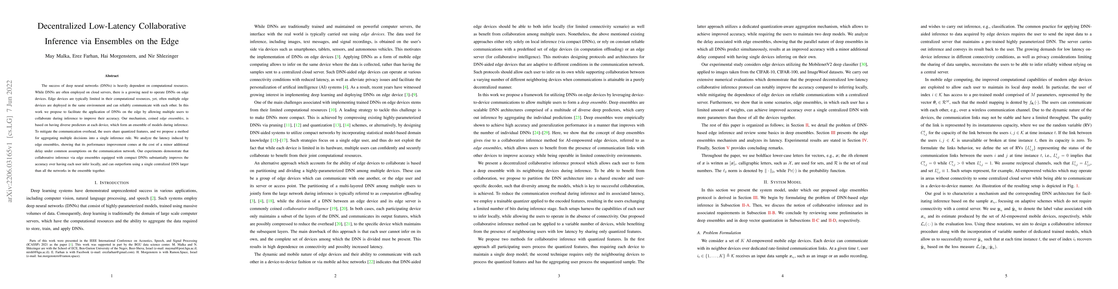 Thumbnail for Decentralized Low-Latency Collaborative Inference via Ensembles on the
  Edge
