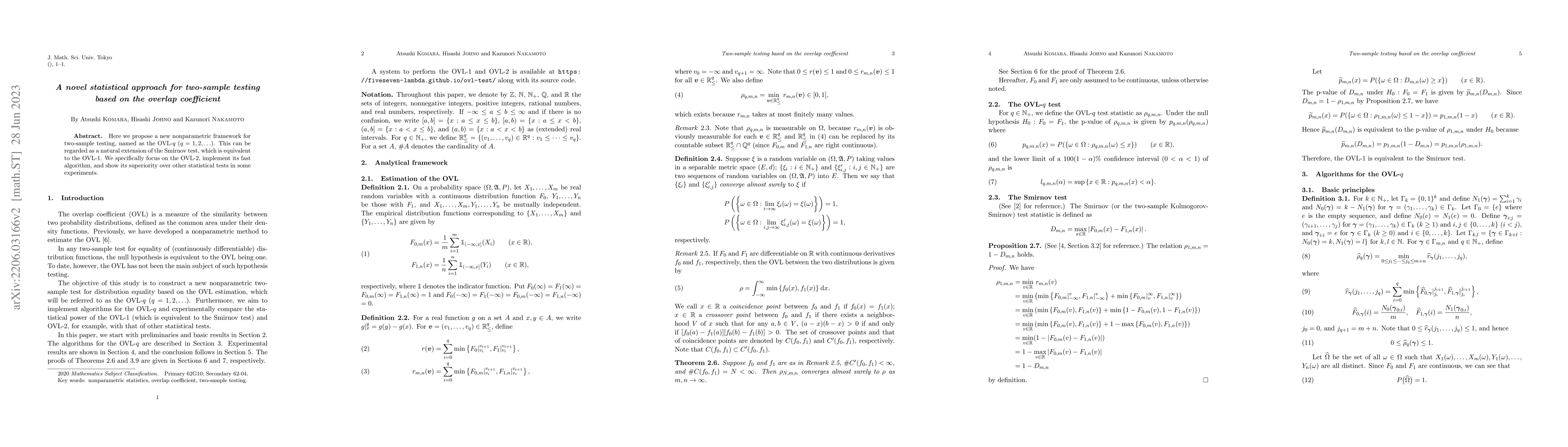 Thumbnail for A novel statistical approach for two-sample testing based on the overlap
  coefficient