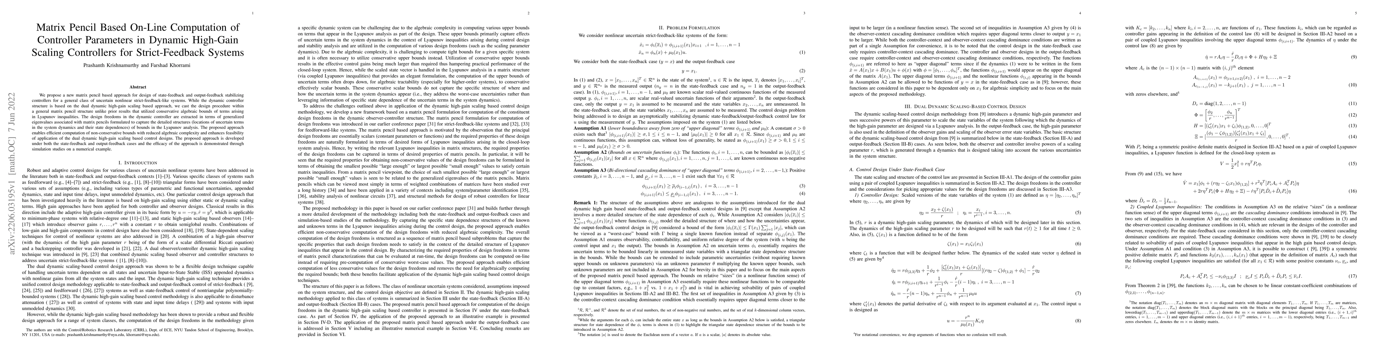 Thumbnail for Matrix Pencil Based On-Line Computation of Controller Parameters in
  Dynamic High-Gain Scaling Controllers for Strict-Feedback Systems