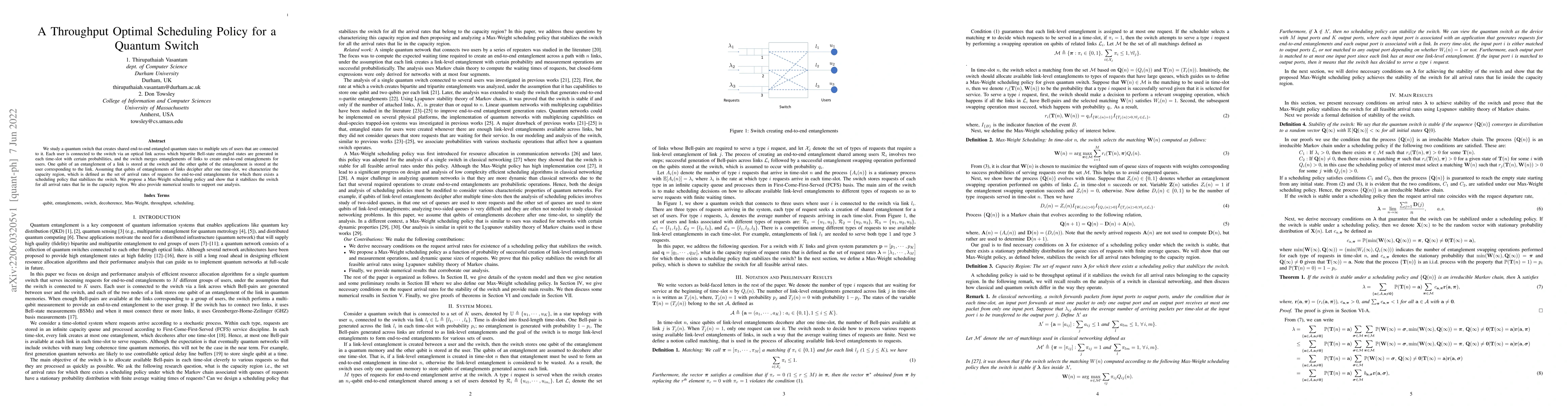 Thumbnail for A Throughput Optimal Scheduling Policy for a Quantum Switch