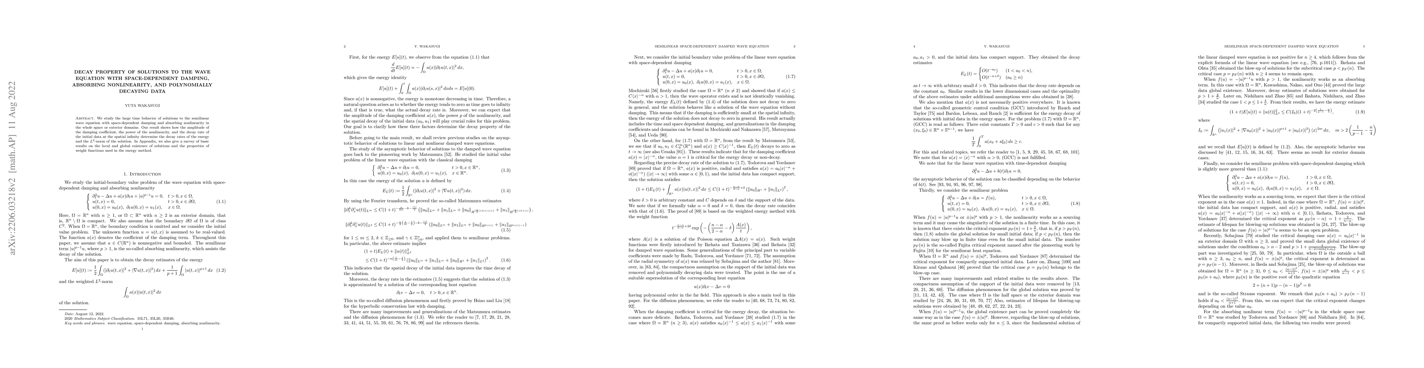 Thumbnail for Decay property of solutions to the wave equation with space-dependent
  damping, absorbing nonlinearity, and polynomially decaying data