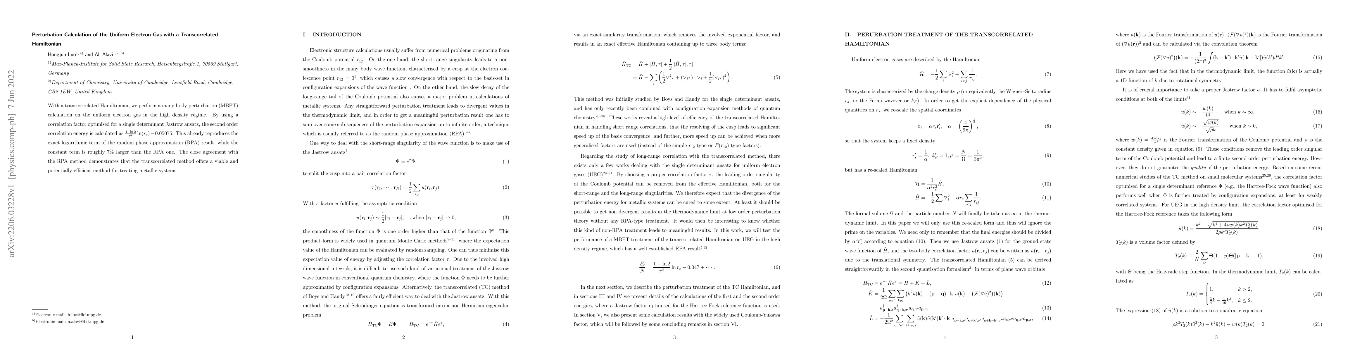 Thumbnail for Perturbation Calculation of the Uniform Electron Gas with a
  Transcorrelated Hamiltonian