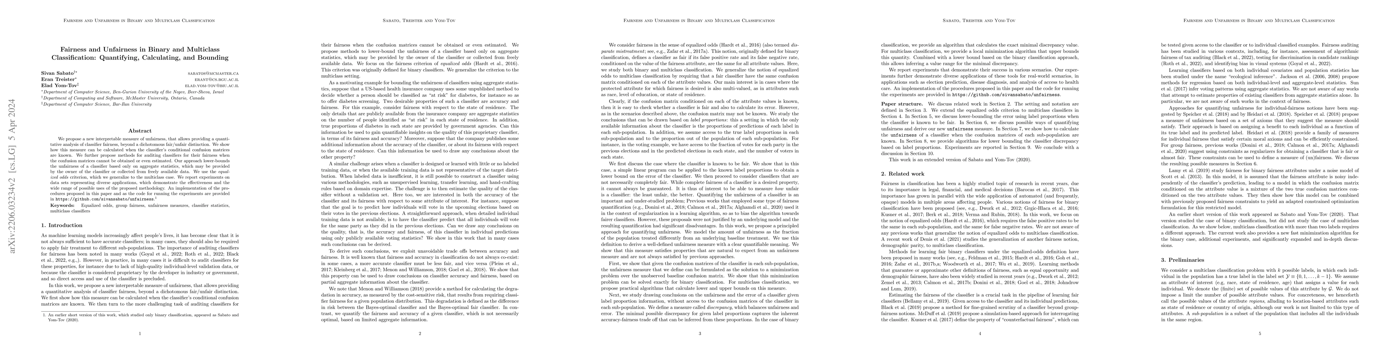 Thumbnail for Fairness and Unfairness in Binary and Multiclass Classification:
  Quantifying, Calculating, and Bounding