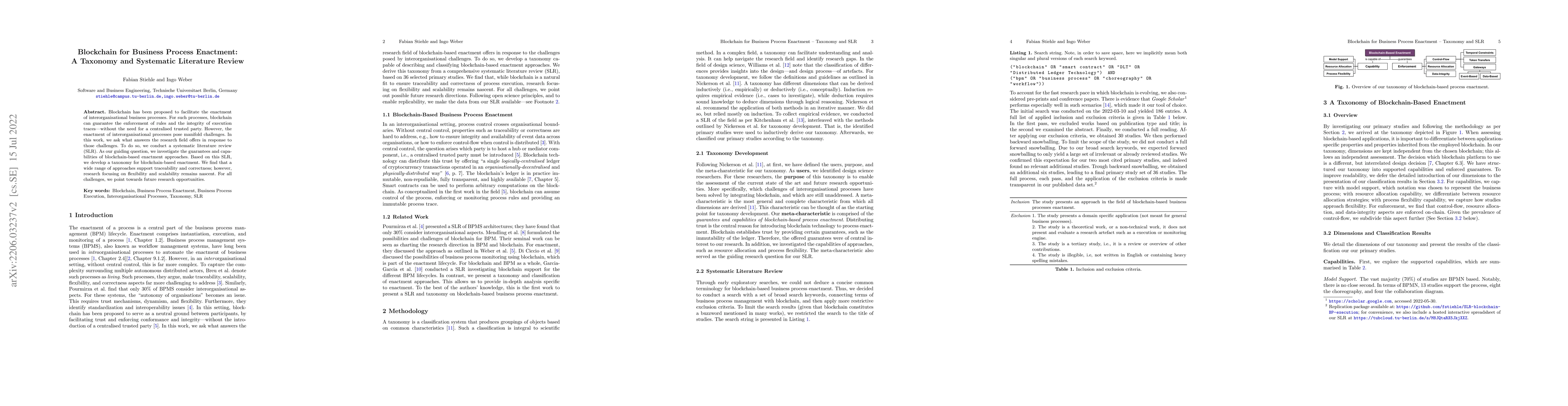 Thumbnail for Blockchain for Business Process Enactment: A Taxonomy and Systematic
  Literature Review