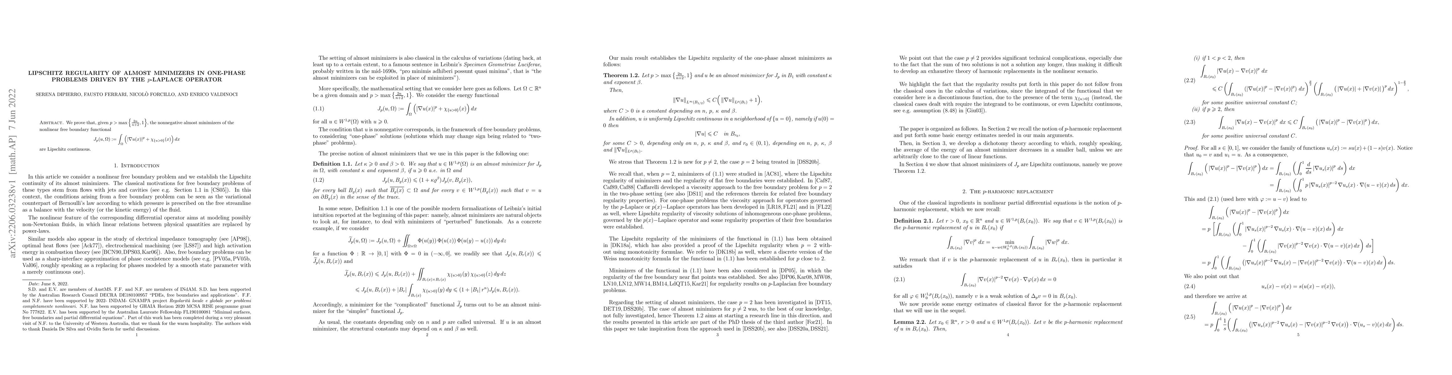 Thumbnail for Lipschitz regularity of almost minimizers in one-phase problems driven
  by the $p$-Laplace operator
