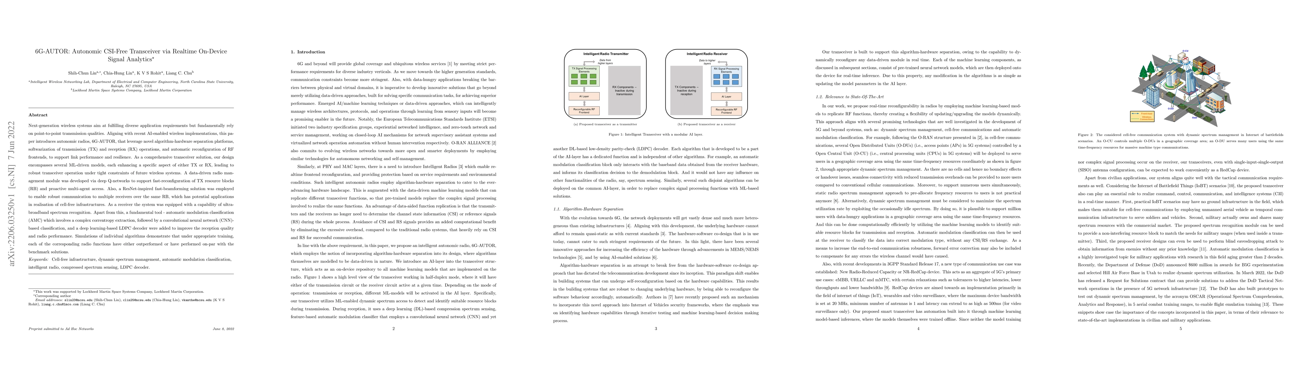 Thumbnail for 6G-AUTOR: Autonomic CSI-Free Transceiver via Realtime On-Device Signal
  Analytics
