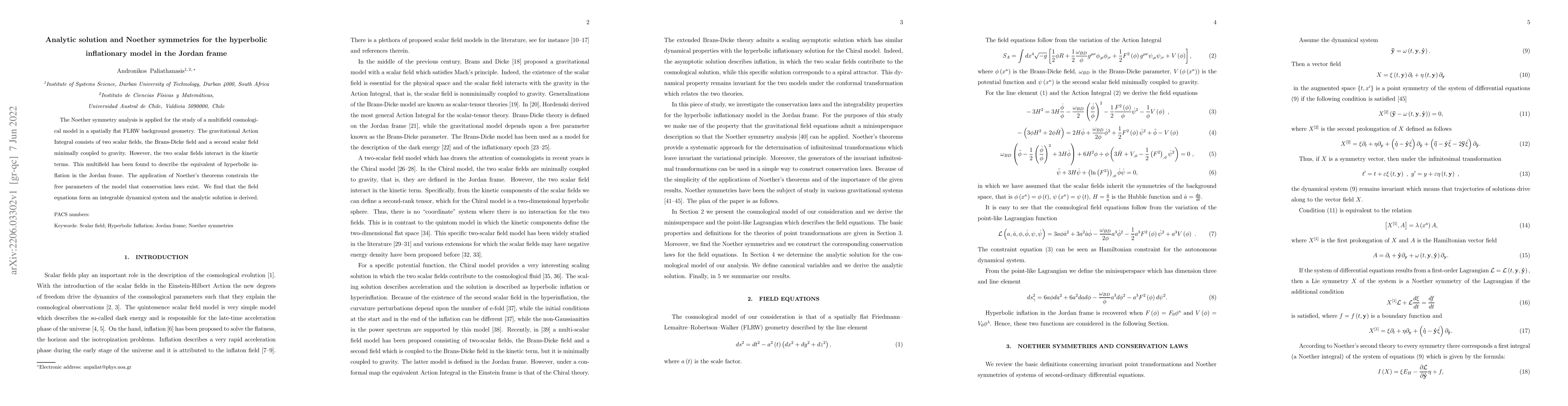 Thumbnail for Analytic solution and Noether symmetries for the hyperbolic inflationary
  model in the Jordan frame