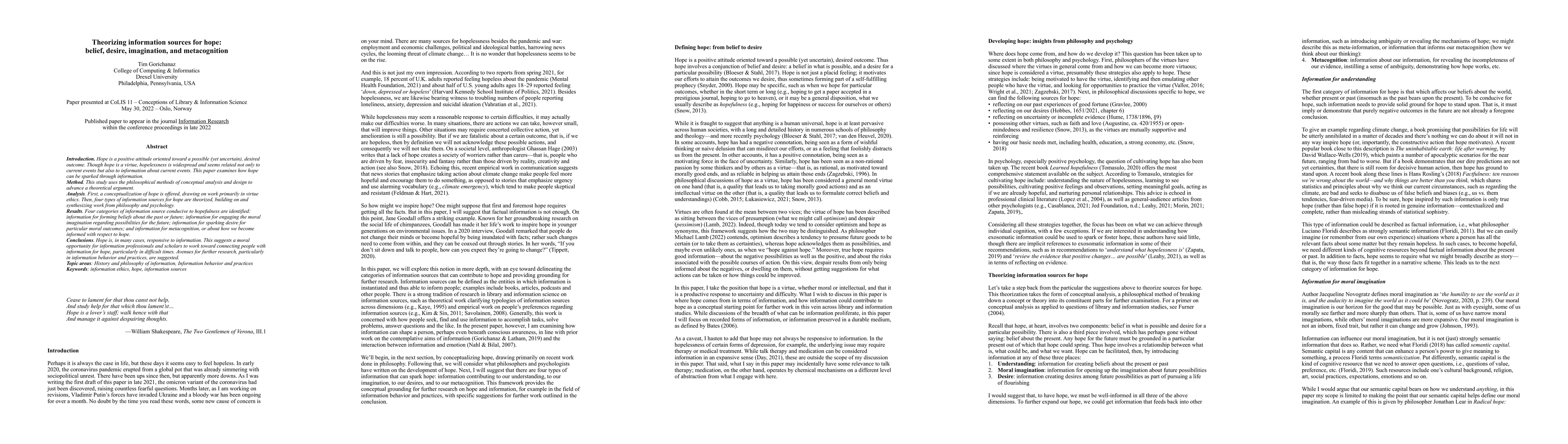 Thumbnail for Theorizing Information Sources for Hope: Belief, Desire, Imagination,
  and Metacognition
