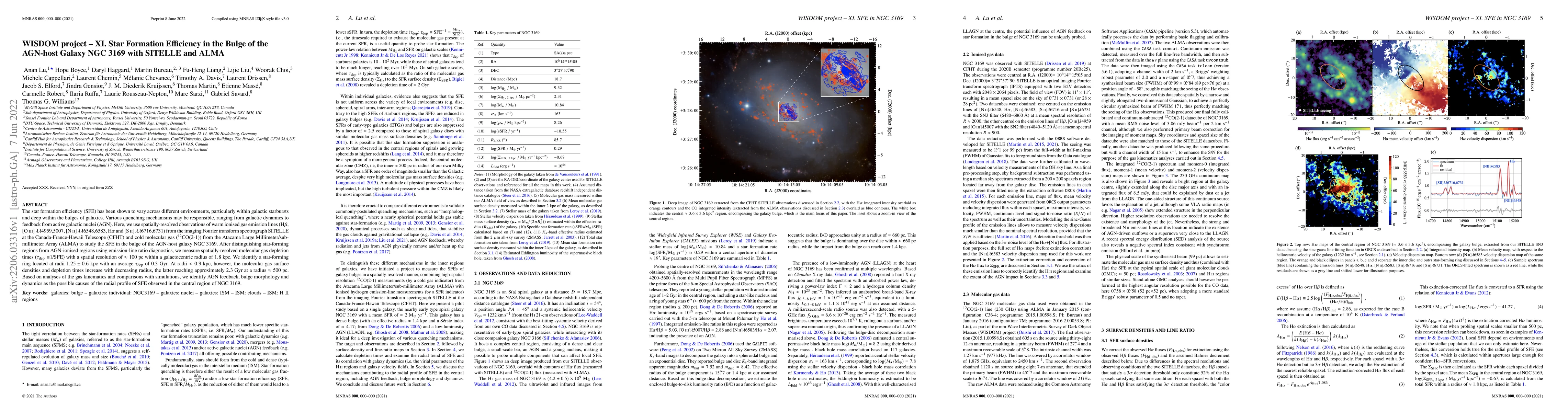 Thumbnail for WISDOM project -- XI. Star Formation Efficiency in the Bulge of the
  AGN-host Galaxy NGC 3169 with SITELLE and ALMA