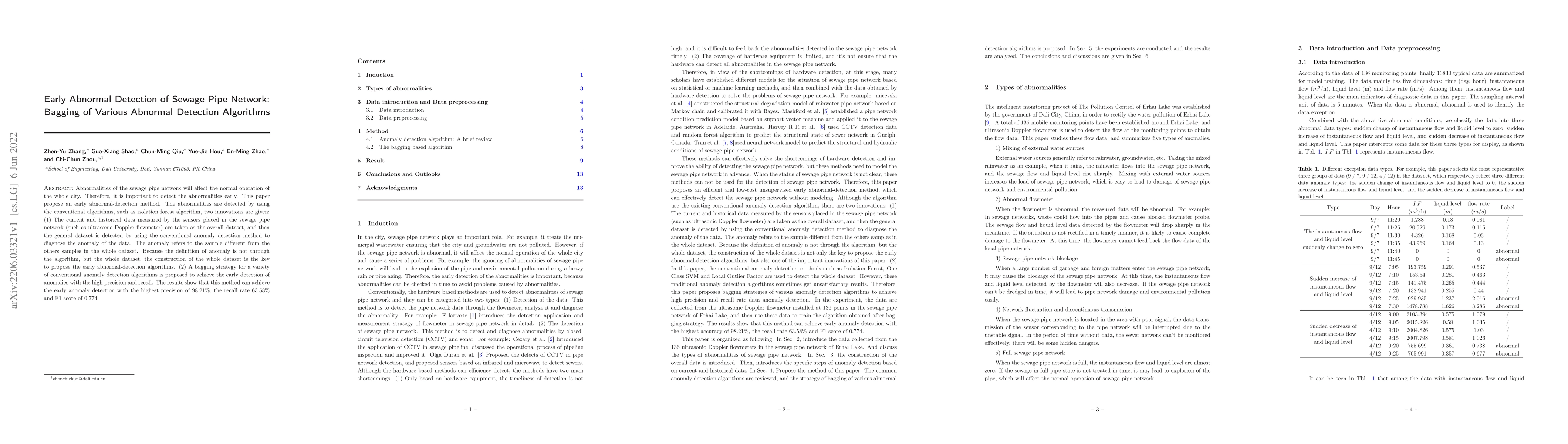 Thumbnail for Early Abnormal Detection of Sewage Pipe Network: Bagging of Various
  Abnormal Detection Algorithms
