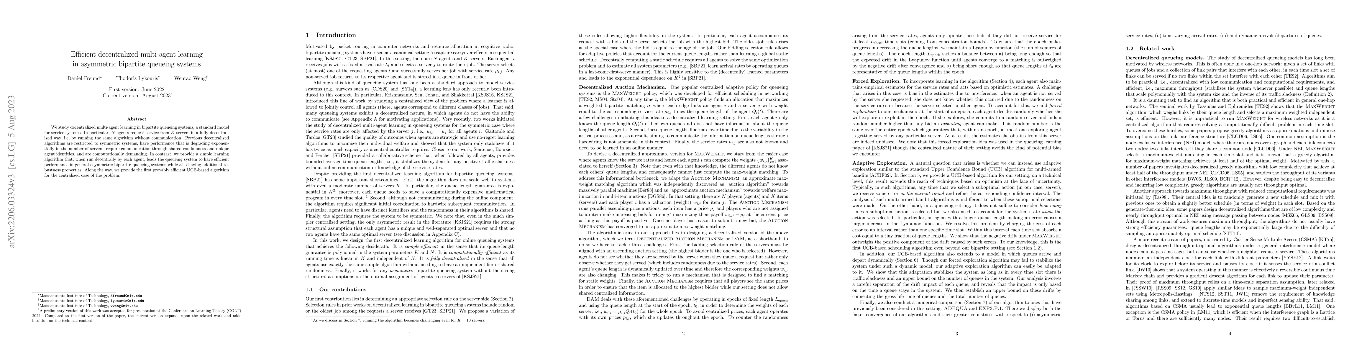 Thumbnail for Efficient decentralized multi-agent learning in asymmetric bipartite
  queueing systems