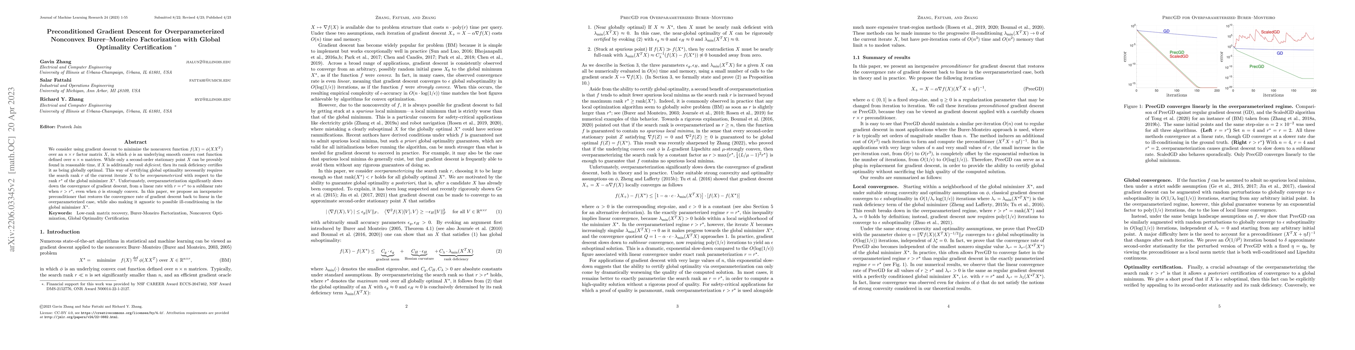 Thumbnail for Preconditioned Gradient Descent for Overparameterized Nonconvex
  Burer--Monteiro Factorization with Global Optimality Certification