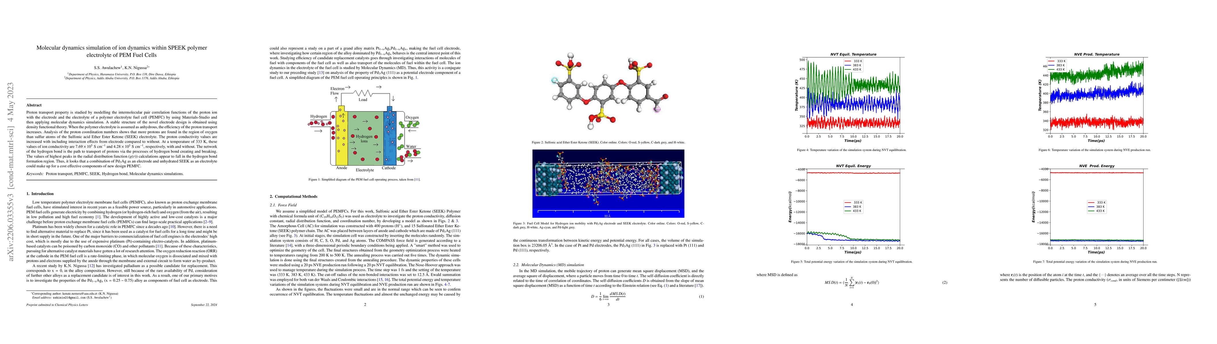 Thumbnail for Molecular dynamics simulation of ion dynamics within SPEEK polymer
  electrolyte of PEM Fuel Cells