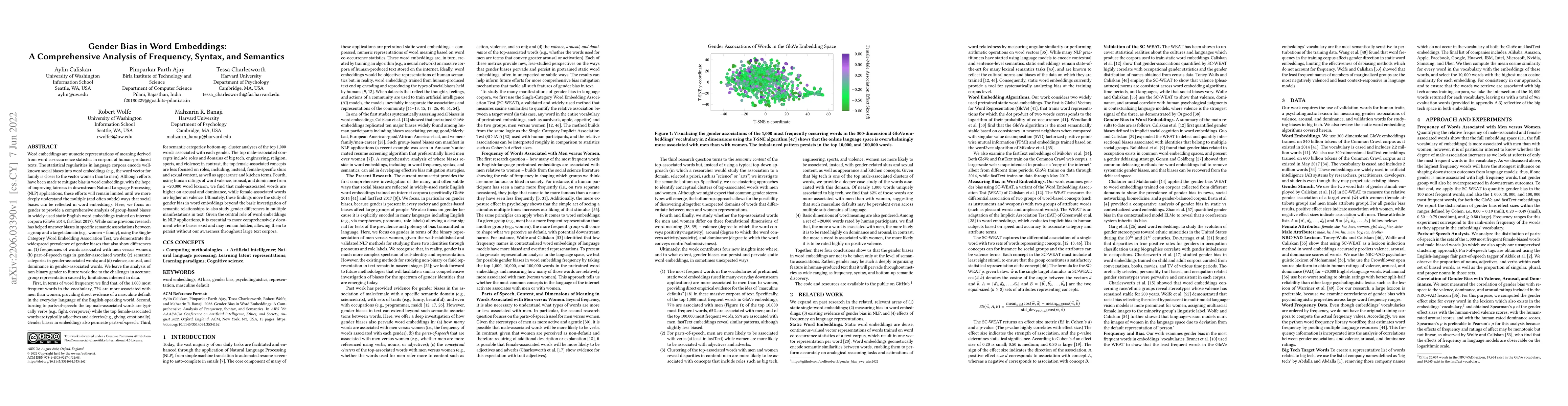 Thumbnail for Gender Bias in Word Embeddings: A Comprehensive Analysis of Frequency,
  Syntax, and Semantics