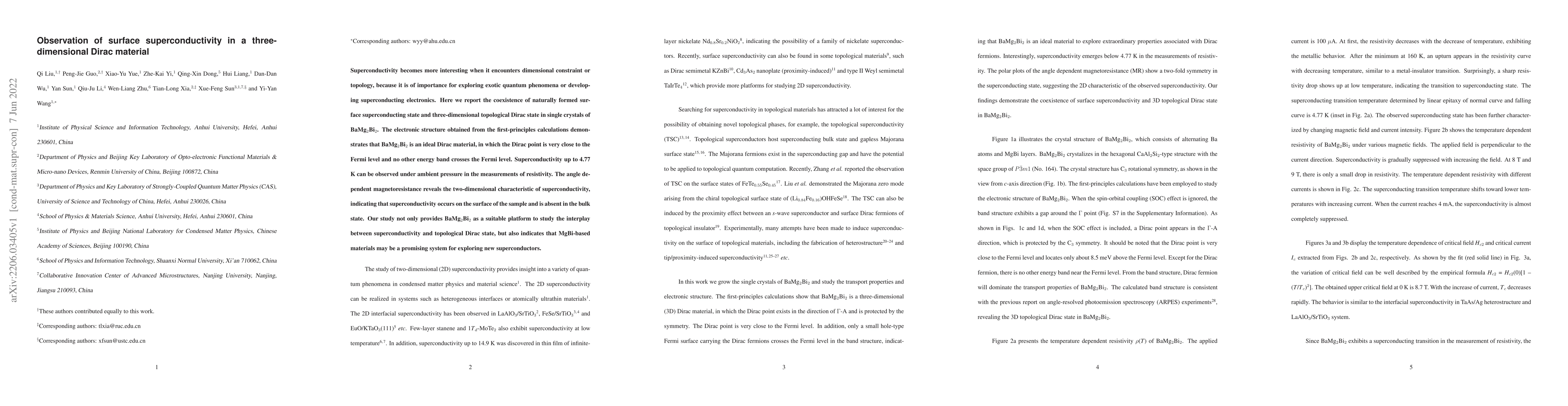 Thumbnail for Observation of surface superconductivity in a three-dimensional Dirac
  material
