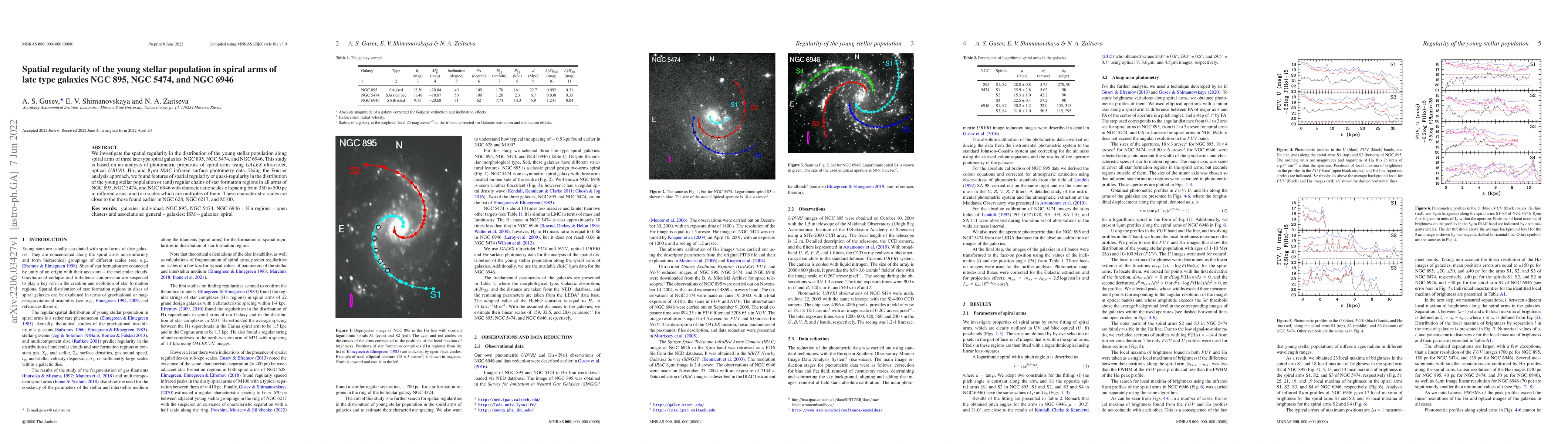 Thumbnail for Spatial regularity of the young stellar population in spiral arms of
  late type galaxies NGC 895, NGC 5474, and NGC 6946